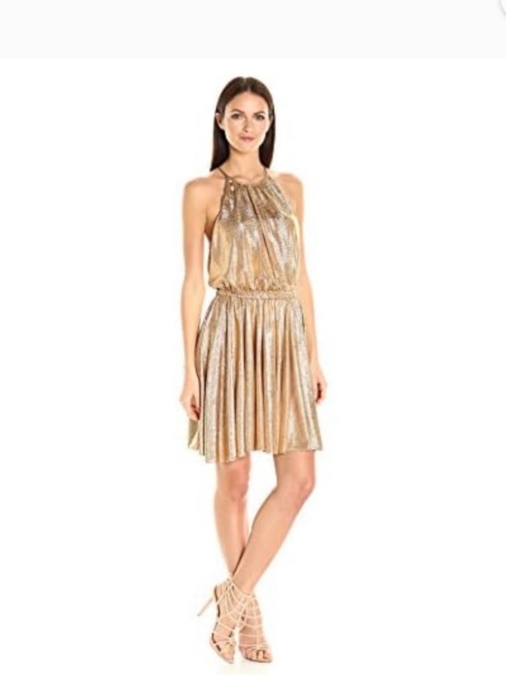 **NWT** Halston Heritage Gold Metallic Halter Mini Dress